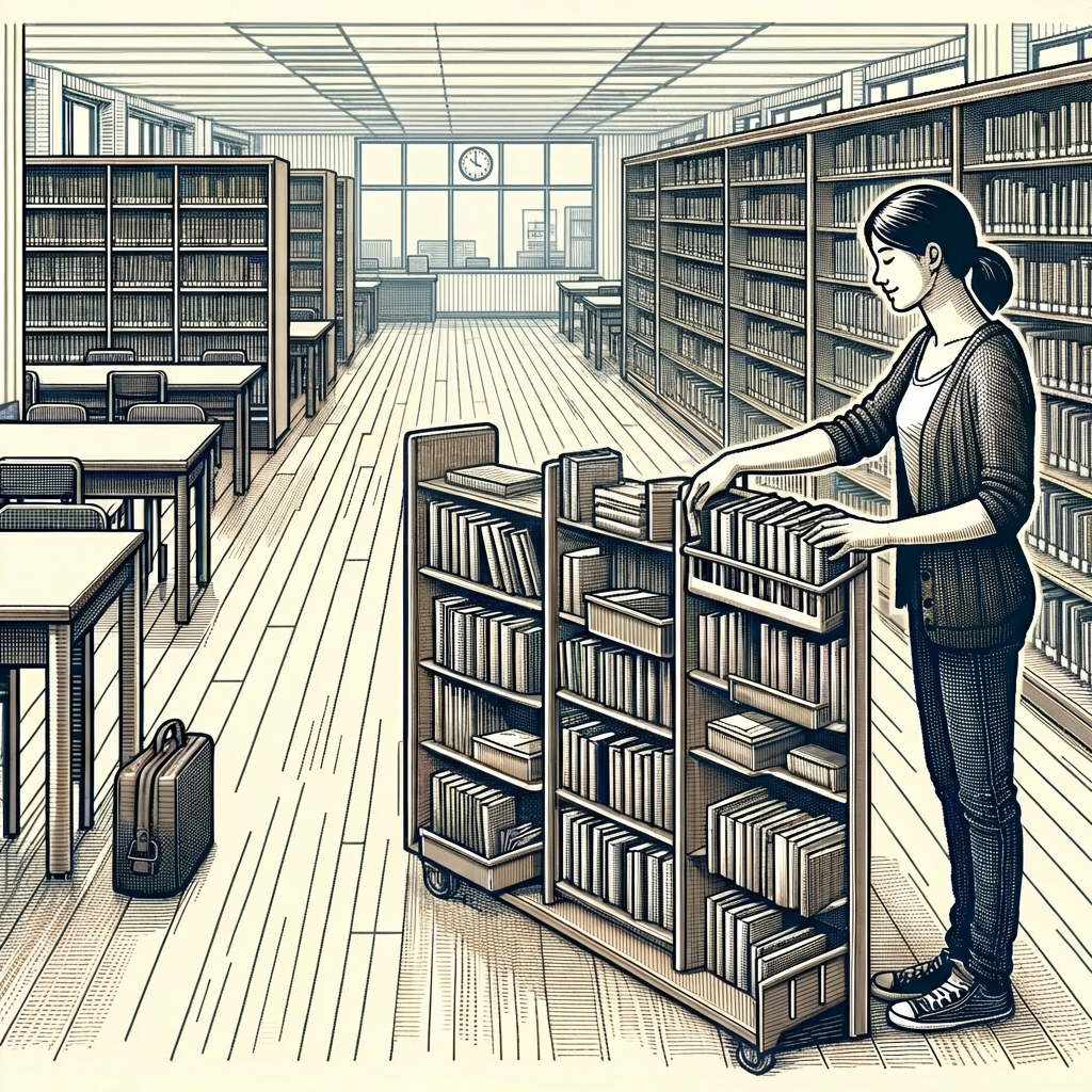 Bild von einem Bibliothekar, der Bücher in einer Bibliothek sortiert