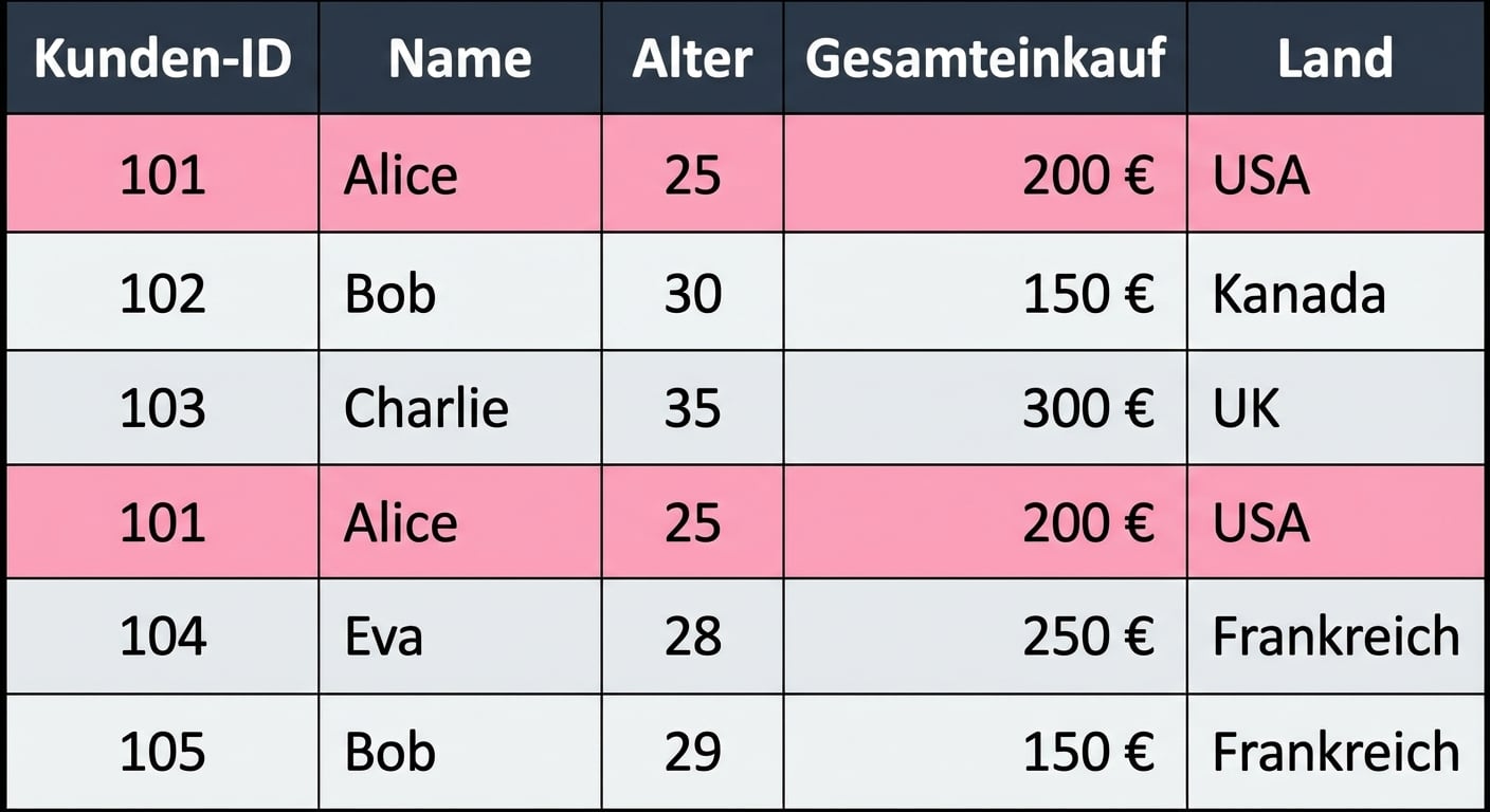 Entferne die Tabelle mit den Duplikaten, in der die Kunden-ID markiert ist.