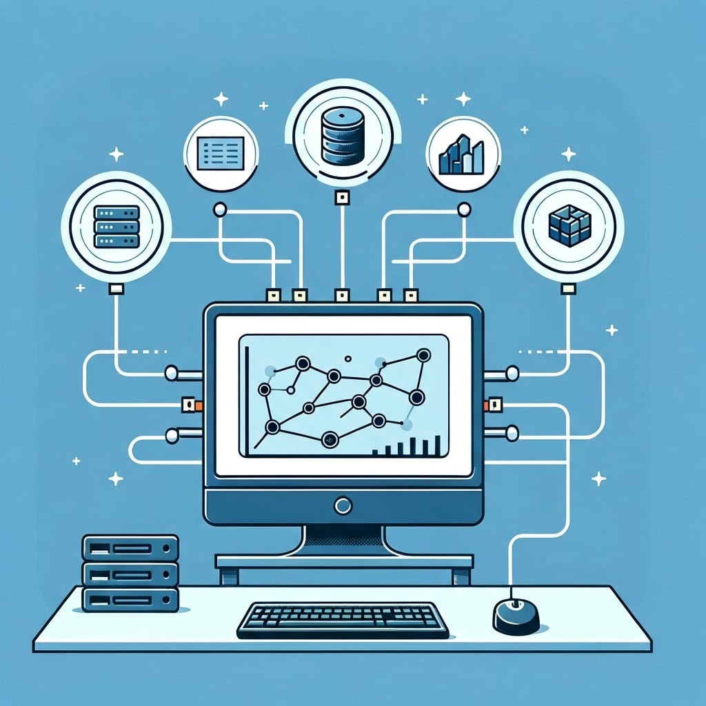 Cartoon-Bild von einem Computer mit mehreren Datenverbindungen, über die Daten reinkommen