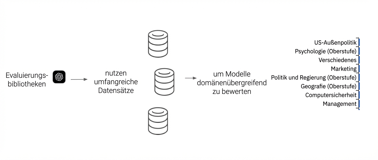 Ein Diagramm zeigt eine Beispiel-Evaluationsbibliothek, die verschiedene Datensätze nutzt, um ein Modell zu testen