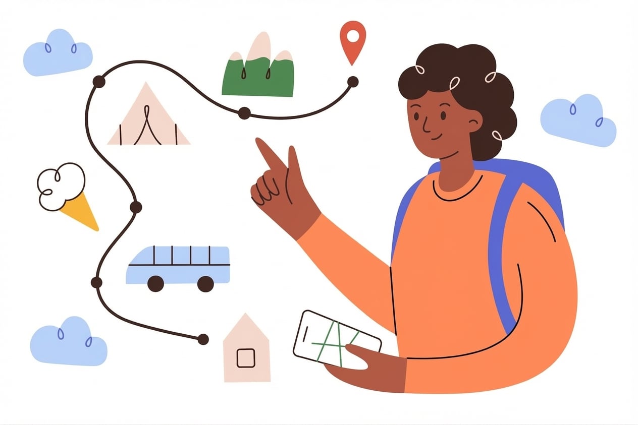 Eine Person mit Rucksack und Karte, die auf ein Ziel zeigt