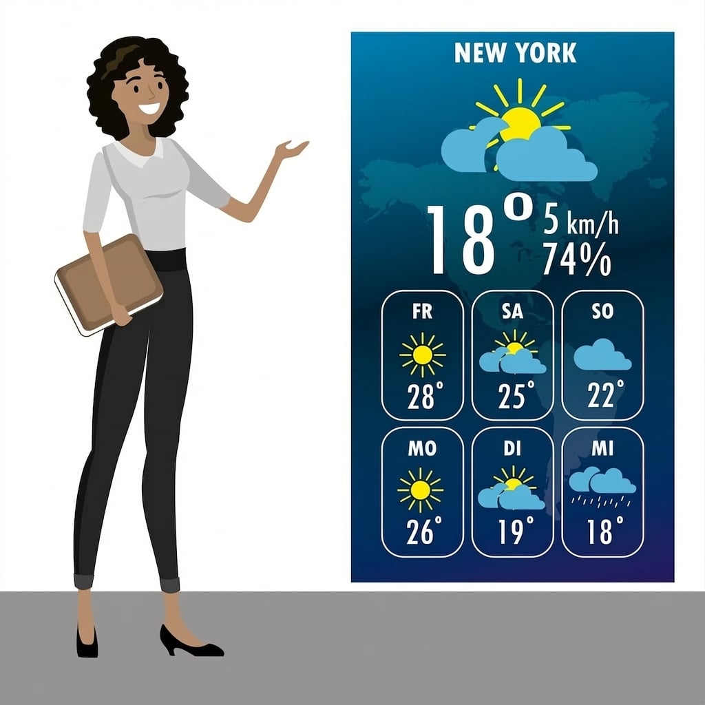 Eine Frau neben einem Bildschirm mit Wetterinfos für New York