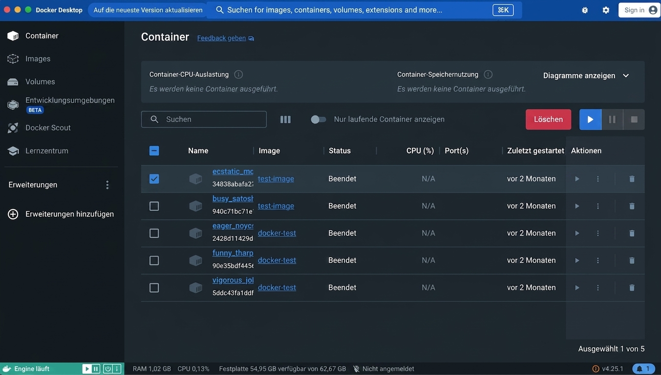 Docker Desktop – Screenshot der Anwendung