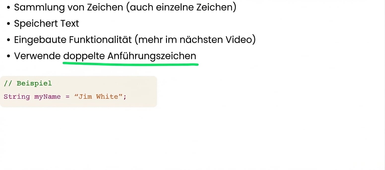 Strings sind Abfolge von Zeichen, die in doppelten Anführungszeichen stehen