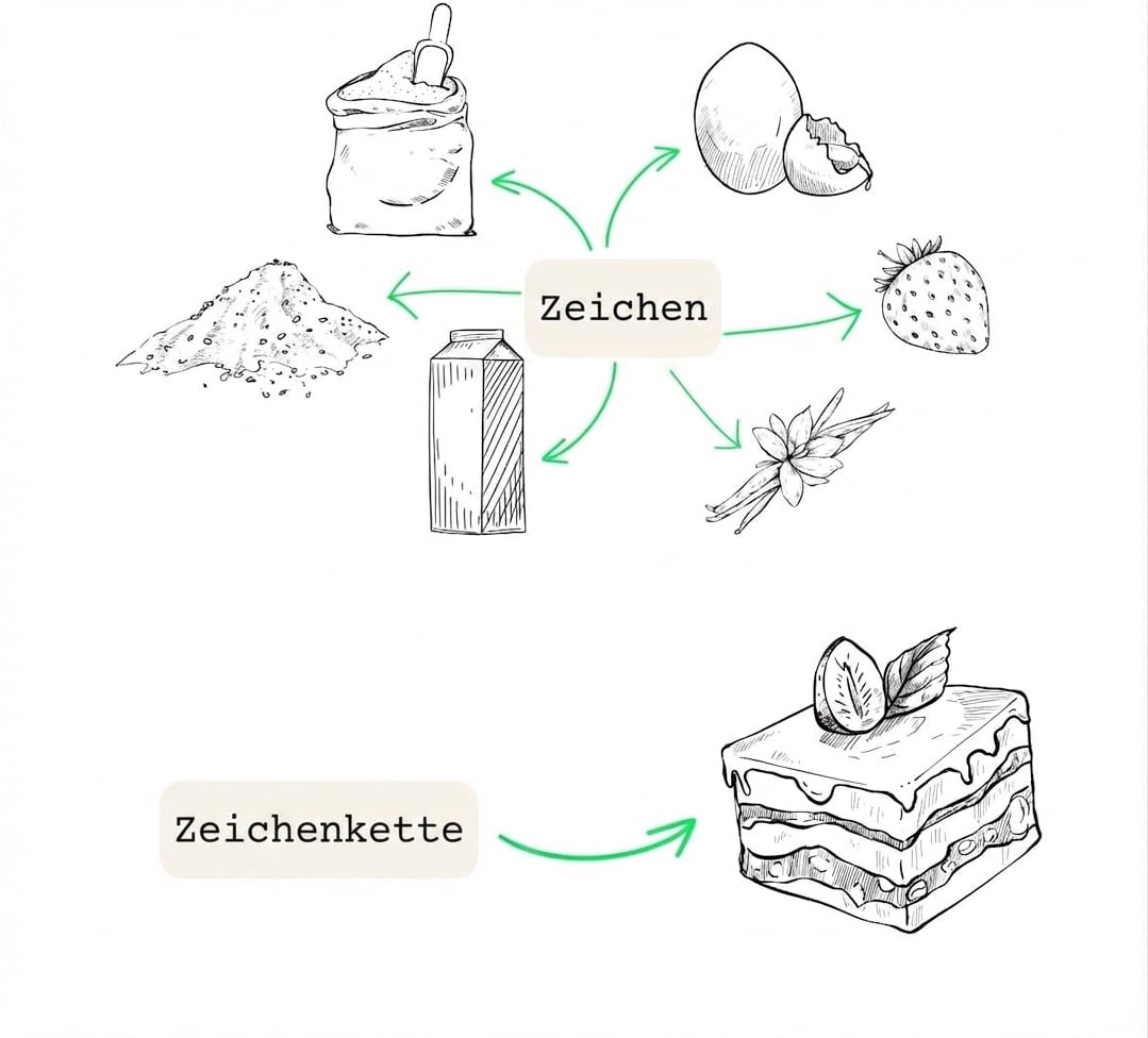 Primitive Datentypen sind wie Zutaten, während eine Zeichenfolge ein Gericht ist, das aus diesen Zutaten zubereitet wird