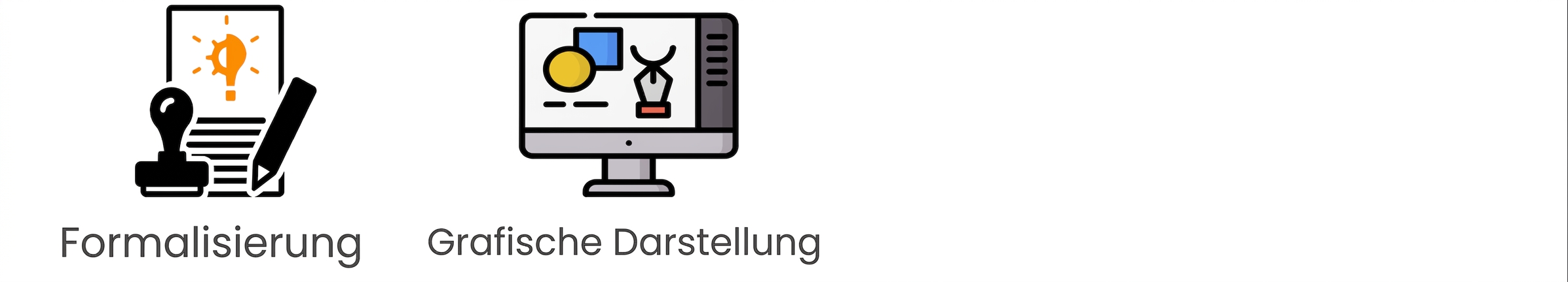Symbol für grafische Darstellung mit einem Monitor und einer Modellierungs-App. Unter dem Symbol steht „Grafische Darstellung".