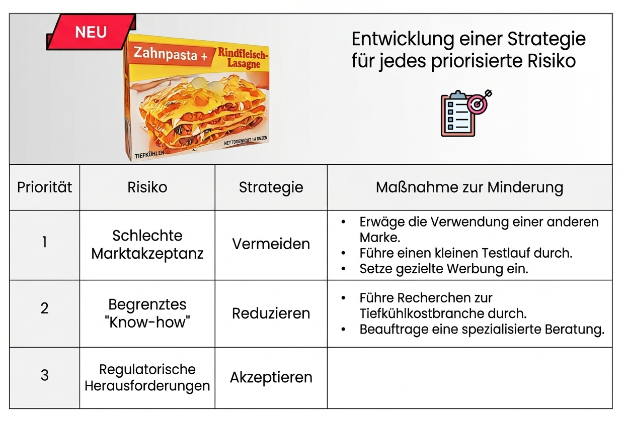 Eine Tabelle mit den Spaltenüberschriften Priority, Risk, Strategy und Mitigating action