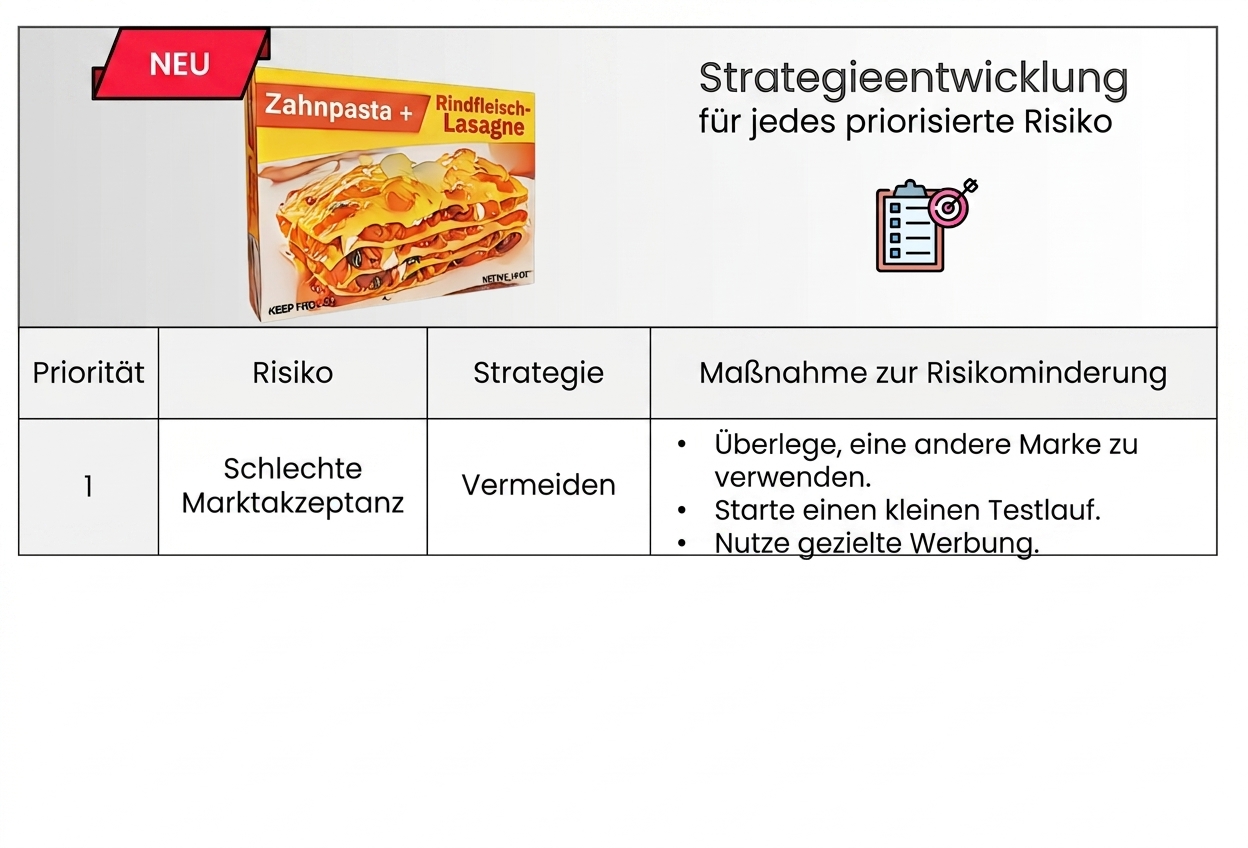 Eine Tabelle mit den Spaltenüberschriften Priority, Risk, Strategy und Mitigating action