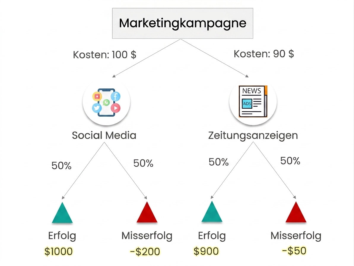 Ein Entscheidungsbaum mit „Marketingkampagne" als Wurzel und Social Media sowie Zeitungsanzeigen als Alternativen. Jede Alternative hat „Erfolg" als grünes Dreieck und „Misserfolg" als rotes Dreieck. Gewinn- bzw. Verlustwerte sind in Gelb markiert.