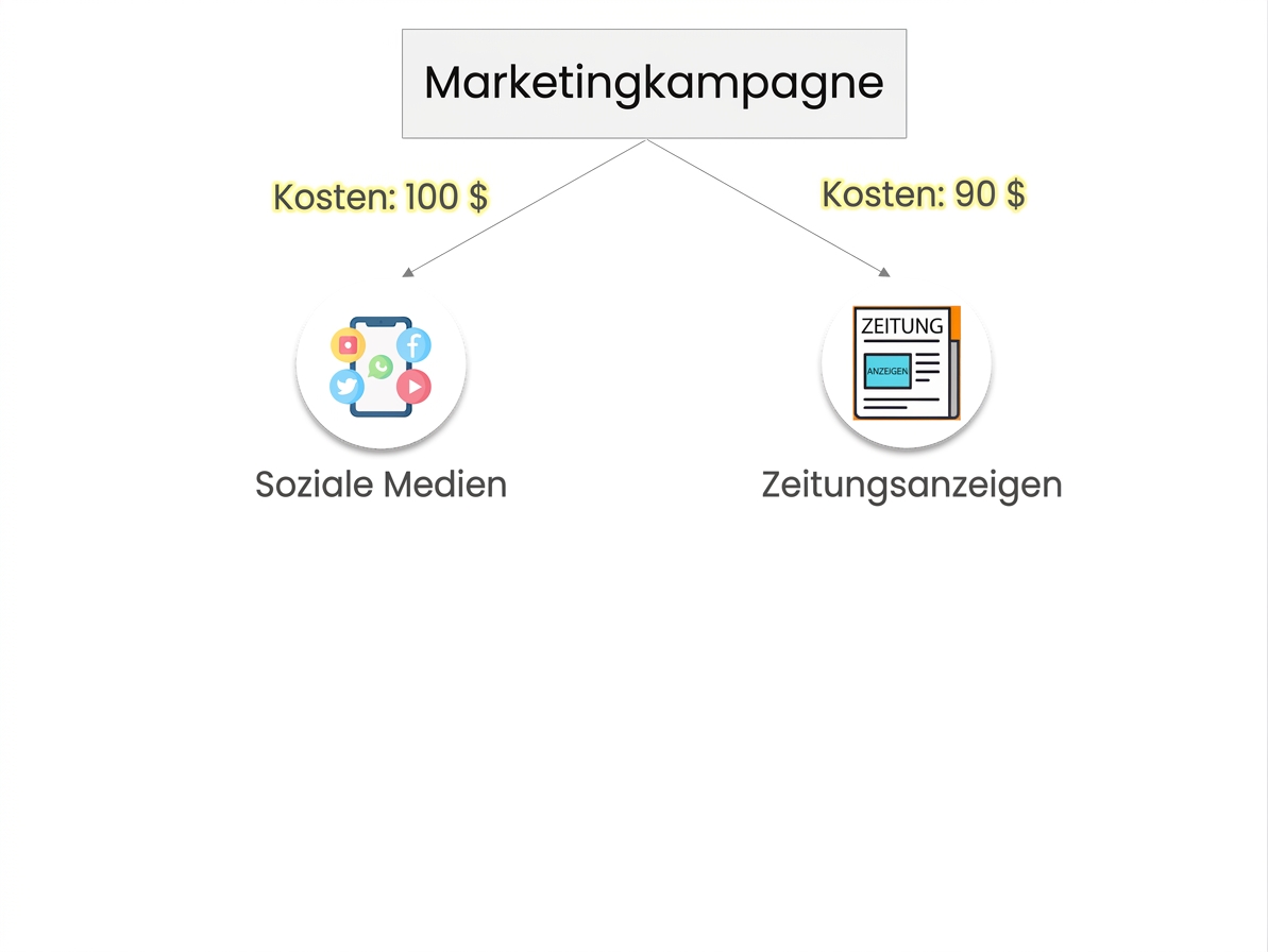 Beginn eines Entscheidungsbaums mit „Marketingkampagne" als Wurzel, Social Media und Zeitungsanzeigen als Alternativen sowie einem $100-Label für die Kosten je Alternative