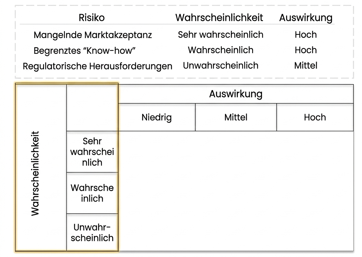 Bild einer Risiko-Matrix, in der die Spalte Likelihood mit Very likely, Likely und Unlikely gelb markiert ist