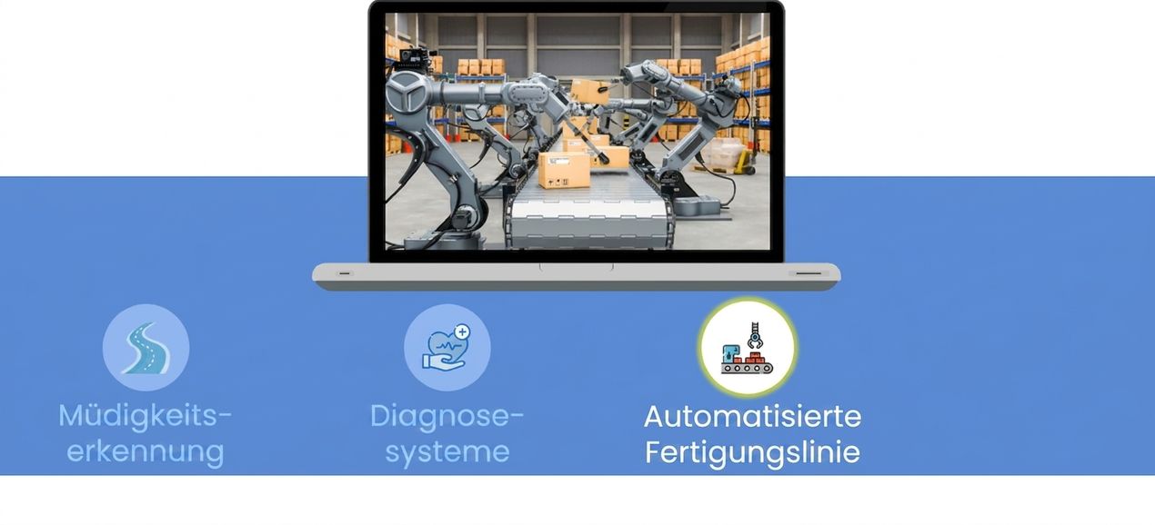 Bild einer Smart Factory mit Roboterarmen, die eine Box halten, und dem gelb markierten Label automated production line