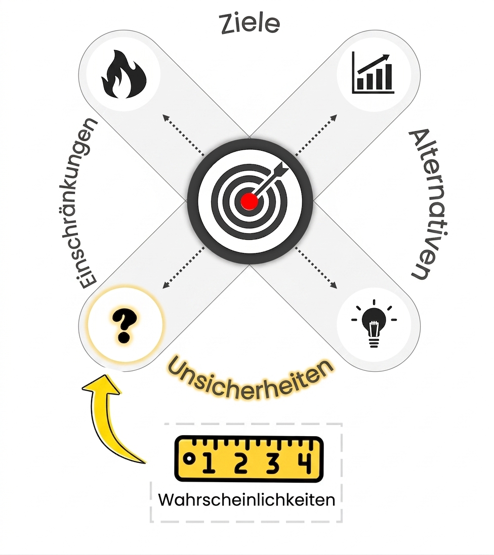 Ein Diagramm mit einem Zielsymbol in der Mitte für Entscheidungsfindung. Vier Pfeile zeigen nach außen zu Labels und Icons für Ziele, Alternativen, Einschränkungen und Unsicherheiten (in Gelb hervorgehoben, mit einem Lineal-Icon darauf)