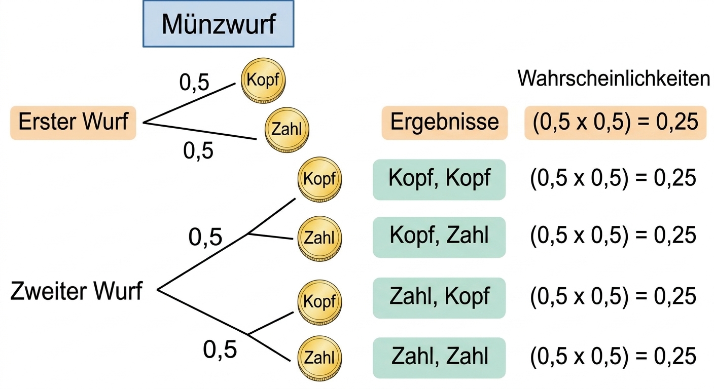 Ein Entscheidungsbaum für zwei aufeinanderfolgende Münzwürfe mit allen möglichen Ergebnissen und deren Wahrscheinlichkeiten, in Gelb hervorgehoben