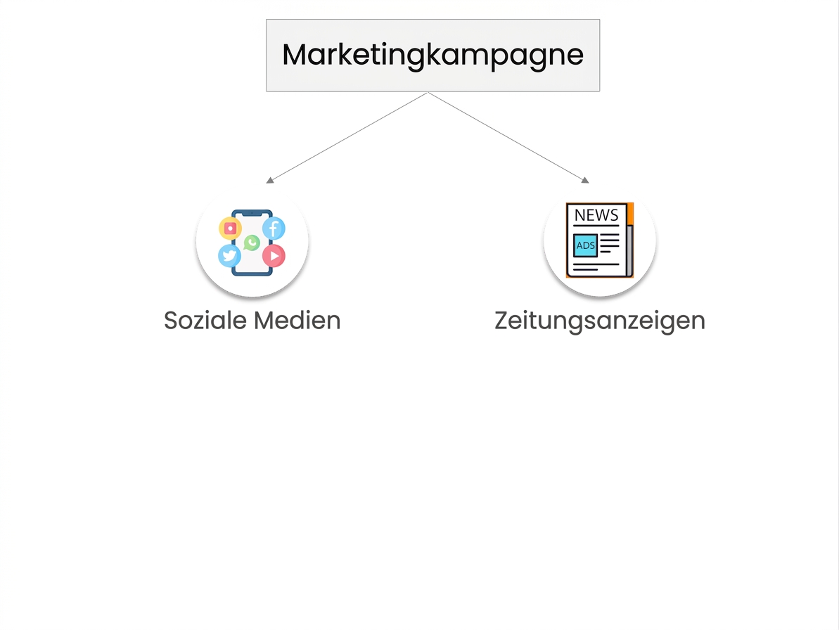 Beginn eines Entscheidungsbaums mit „Marketingkampagne" als Wurzel und Social Media sowie Zeitungsanzeigen als Alternativen