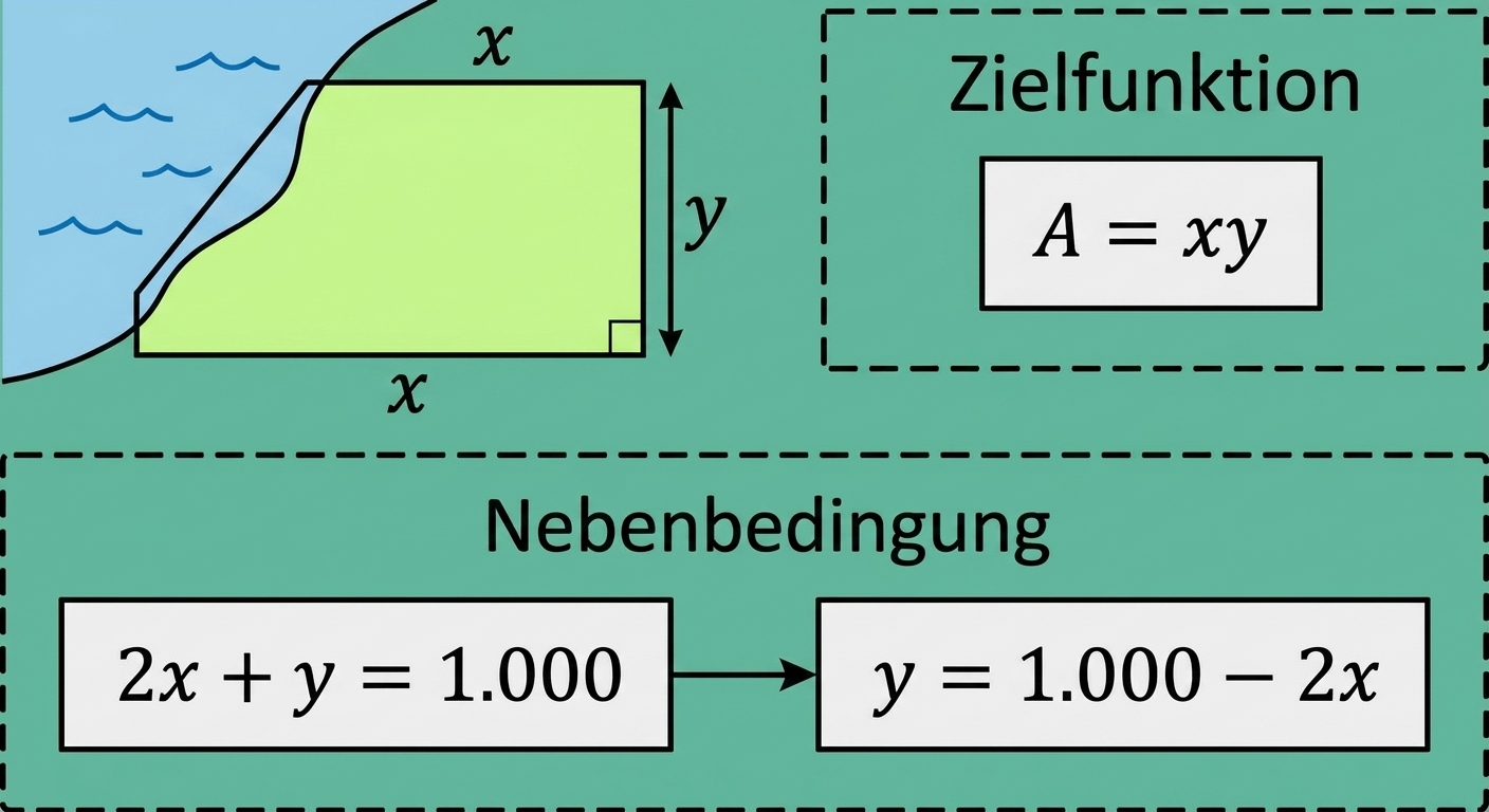 Eine Zeichnung des rechteckigen Felds des Landwirts mit der Beschriftung x an den Seiten und y an der Oberseite