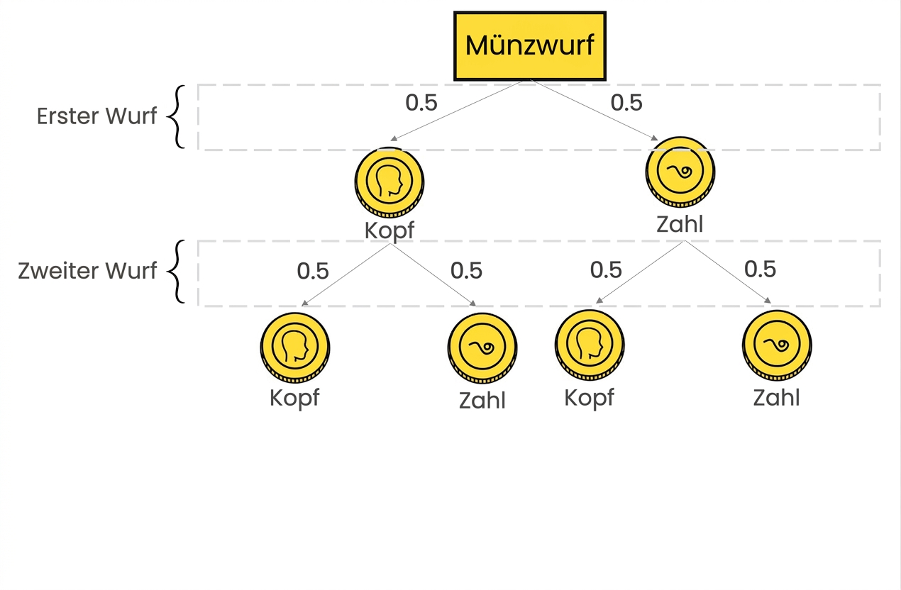 Ein Entscheidungsbaum mit drei Ebenen: Ebene 1 ist der Münzwurf, Ebene 2 Kopf und Zahl als Ergebnisse, Ebene 3 erneut Kopf und Zahl für jede Möglichkeit von Ebene 2.