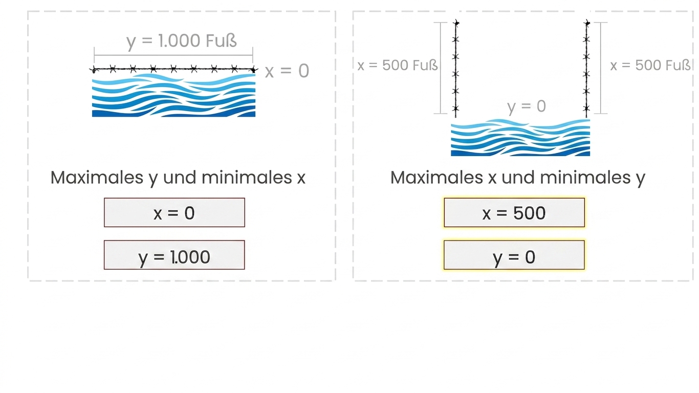 Eine Zeichnung des rechteckigen Felds des Landwirts mit x mit dem Wert 500 ft und y mit 0