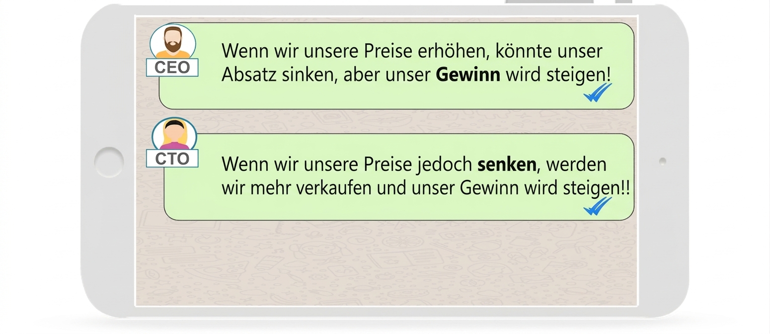Illustration eines horizontal gehaltenen Handys mit einer Chat-Nachricht vom CTO