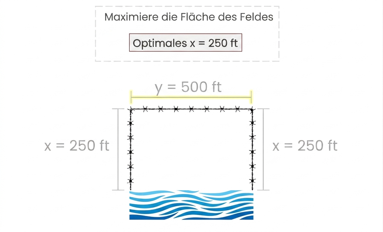 Eine Zeichnung des rechteckigen Felds des Landwirts mit x mit dem Wert 250 ft und y mit 500 ft