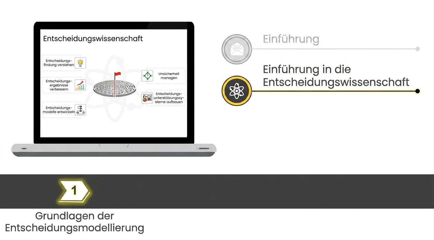 Bild eines Notizbuchs und des Umfangs der Decision Science auf dem Bildschirm