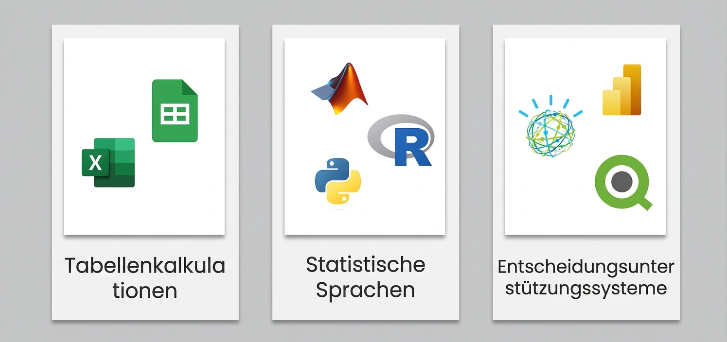 Text „Entscheidungsunterstützungssysteme" unten. Darüber Icons für IBM Watson, Power BI und Qlik.