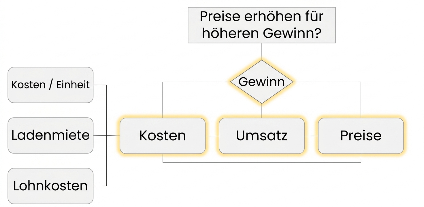 Ein Einflussdiagramm zeigt die an der Entscheidung beteiligten Faktoren. Das Ziel (Profit) ist hervorgehoben sowie die Funktionen Kosten, Absatz und Preise