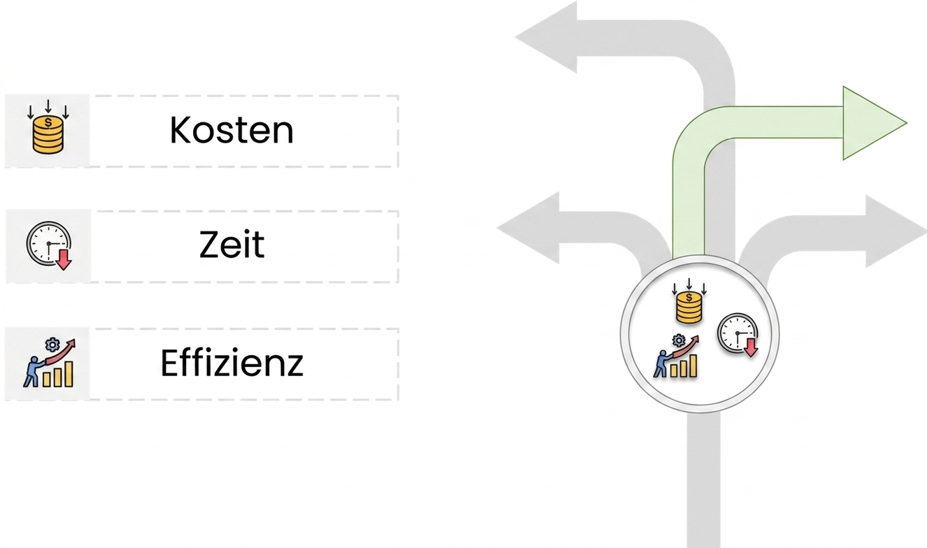 Vier Pfeile zeigen in verschiedene Richtungen. Drei sind ausgegraut, ein Pfeil ist grün