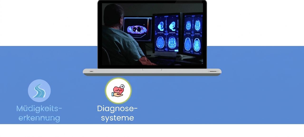 Bild einer Ärztin/eines Arztes vor einem Monitor mit medizinischen Bildern und dem gelb markierten Label diagnostic systems