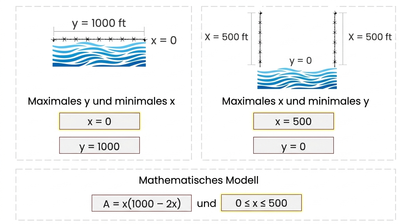 Eine Zeichnung des rechteckigen Felds des Landwirts mit x mit dem Wert 500 ft und y mit 0