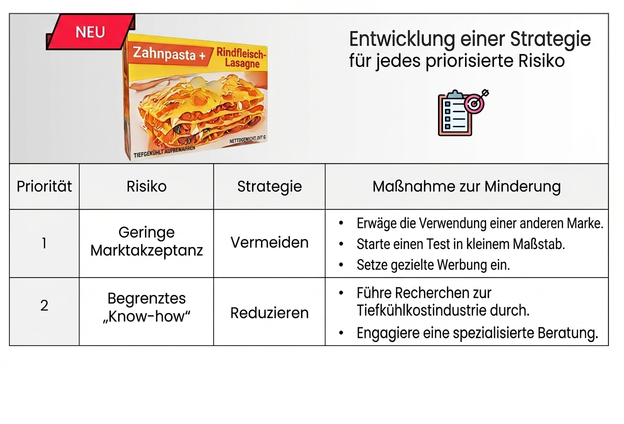 Eine Tabelle mit den Spaltenüberschriften Priority, Risk, Strategy und Mitigating action