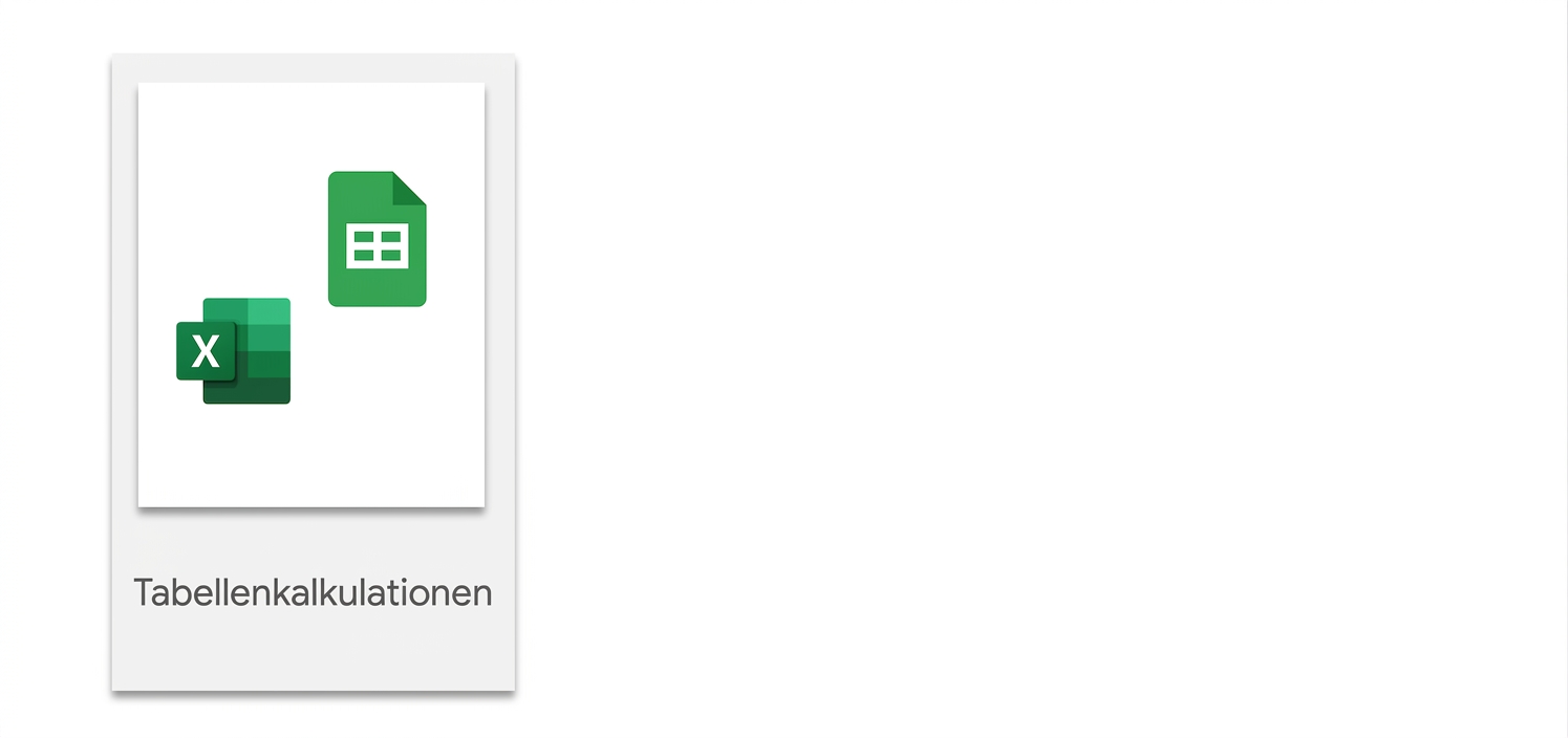 Text „Tabellenkalkulationen" unten. Darüber Icons für Excel und Google Sheets.