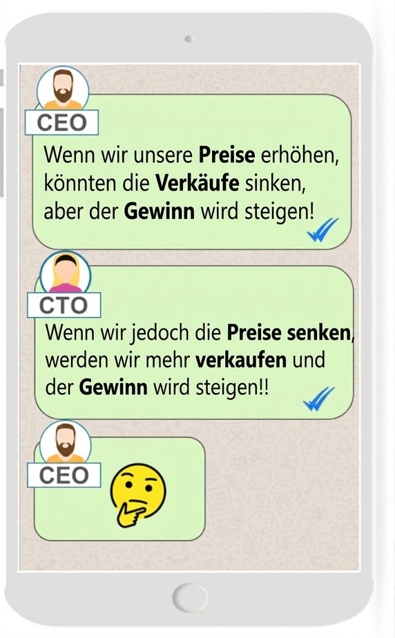 Illustration eines vertikal gehaltenen Handys mit einem Chat zwischen CEO und CTO