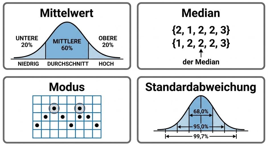 Unten der Text „Standardabweichung". Darüber eine Glockenkurve mit beschrifteten Prozentwerten, die Verteilungen und drei Standardabweichungen vom Mittelwert zeigen.