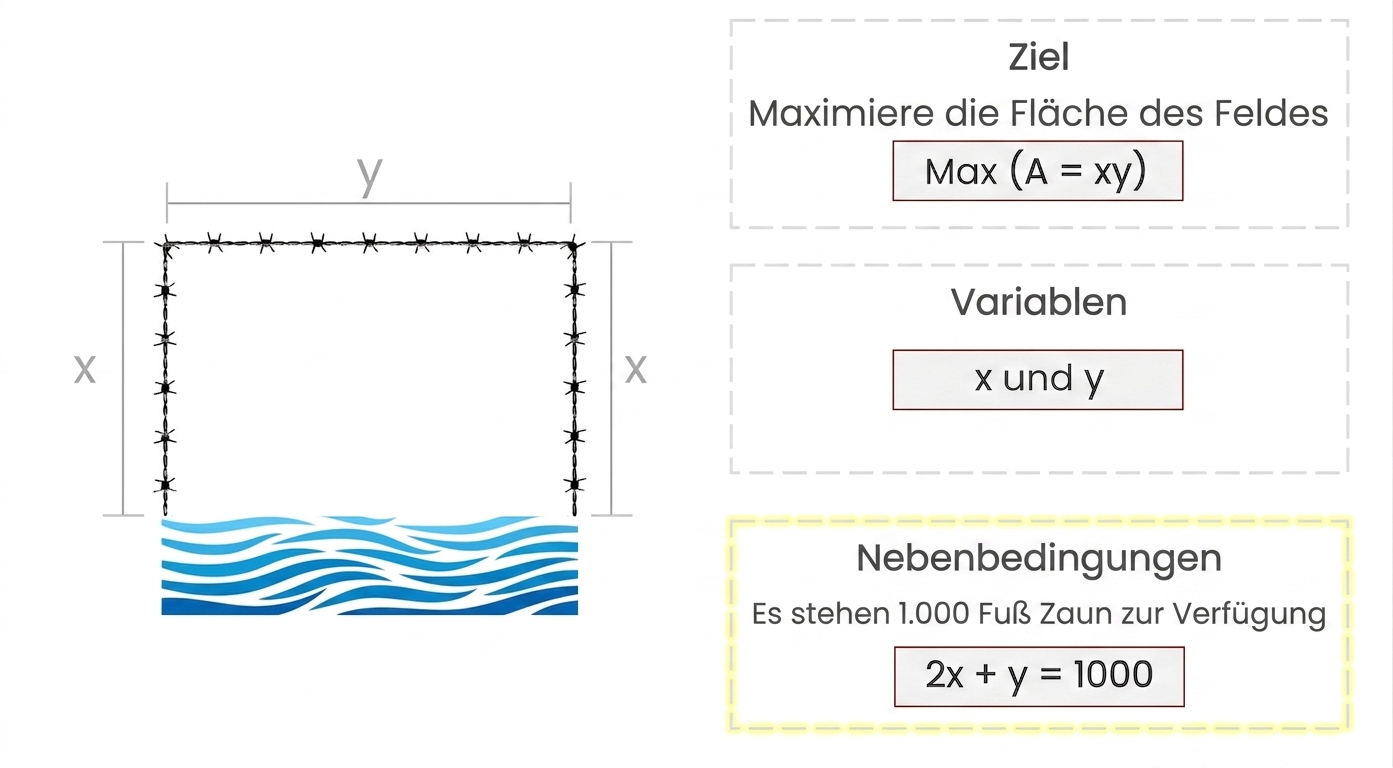 Eine Zeichnung des rechteckigen Felds des Landwirts mit der Beschriftung x an den Seiten und y an der Oberseite