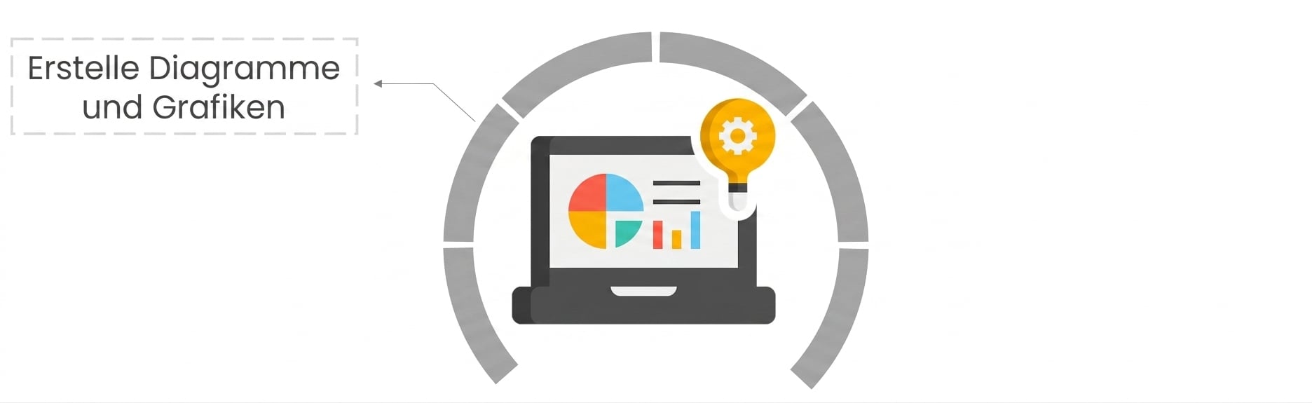 Ein Notebook-Symbol mit Diagrammen und Dashboards auf dem Bildschirm und einer gelben Glühbirne oben rechts