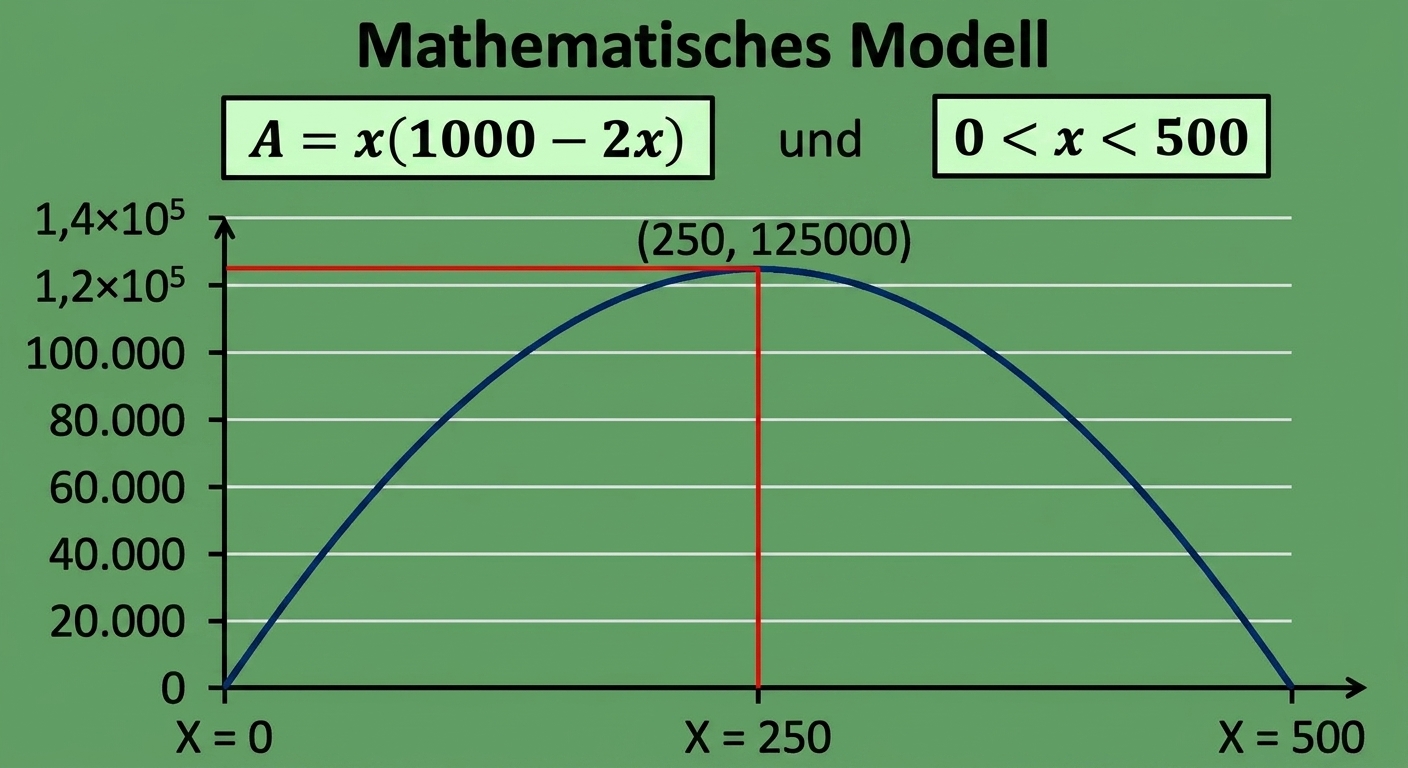 Der Graph des mathematischen Modells. Eine Parabel mit x von 0 bis 500 und dem in Rot markierten Optimalpunkt bei x=250