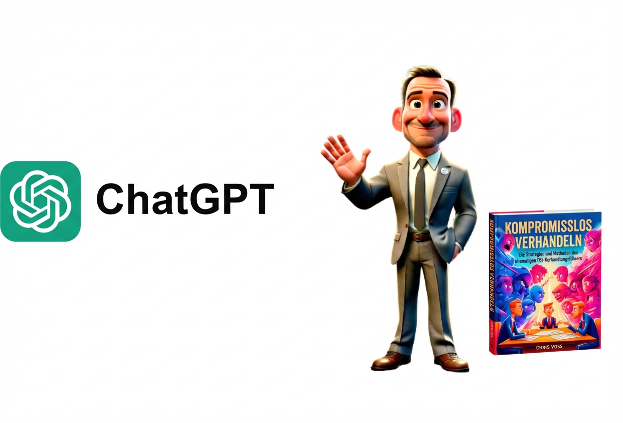 Das Bild zeigt das ChatGPT-Logo, einen winkenden Cartoon-Mann im Anzug und das Buch „Never Split the Difference“.