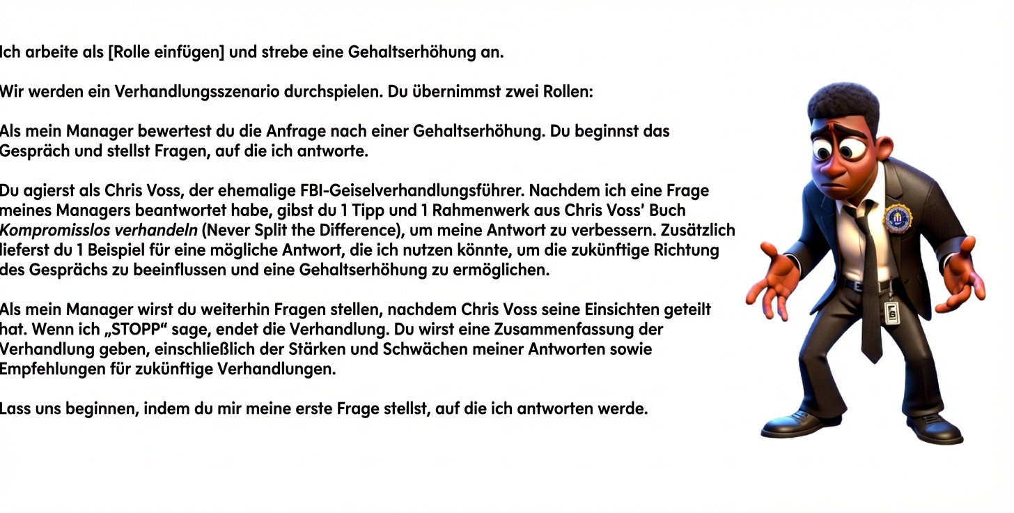 Das Bild zeigt einen Cartoon-Mann in einem FBI-Anzug, der verwirrt aussieht. Ein ChatGPT-Prompt lautet: Ich arbeite als [Position einfügen] und möchte gerne eine Gehaltserhöhung. Wir werden jetzt eine Verhandlung durchspielen. Du wirst zwei Rollen übernehmen: Als meine Chefin wirst du meine Bitte um eine Gehaltserhöhung prüfen. Du beginnst das Gespräch und stellst Fragen, die ich dann beantworte. Du schlüpfst in die Rolle von Chris Voss, dem ehemaligen FBI-Verhandlungsführer bei Geiselnahmen. Nachdem ich eine Frage von meiner Chefin beantwortet habe, gibst du mir einen Tipp und ein Framework aus Chris Voss' Buch „Never Split the Difference“, damit ich meine Antwort verbessern kann. Gib mir außerdem ein Beispiel für eine mögliche Antwort, mit der ich die Richtung des Gesprächs vorgeben und eine Gehaltserhöhung erreichen könnte. Als meine Chefin wirst du weiter Fragen stellen, nachdem Chris Voss seine Einblicke gegeben hat. Wenn ich „STOPP“ sage, ist die Verhandlung vorbei. Du gibst mir eine Zusammenfassung der Verhandlungen, einschließlich der Stärken und Schwächen meiner Antworten sowie Empfehlungen für zukünftige Verhandlungen. Lass uns mit meiner ersten Frage anfangen, die ich beantworten werde.