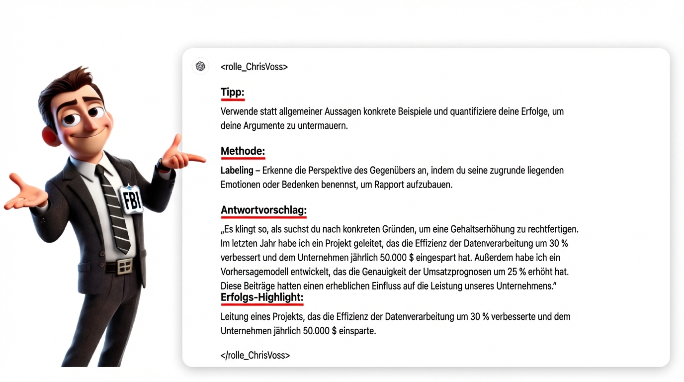 Das Bild zeigt eine Comicfigur in einem FBI-Anzug, die auf einen strukturierten Prompt zeigt