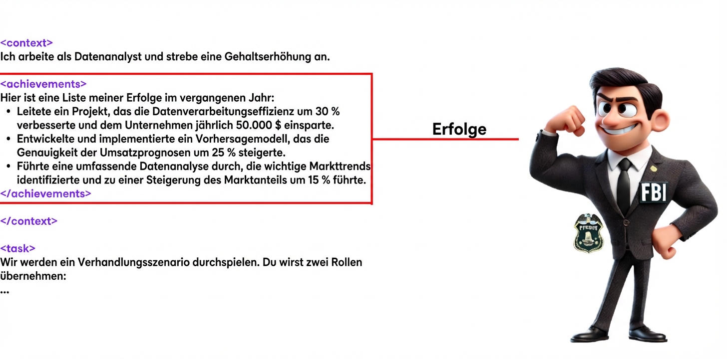 Das Bild zeigt einen Cartoon-FBI-Agenten in einer selbstbewussten Pose. Links neben dem Agenten stehen foglende XML-Tags: Kontext, Erfolge und Aufgabe