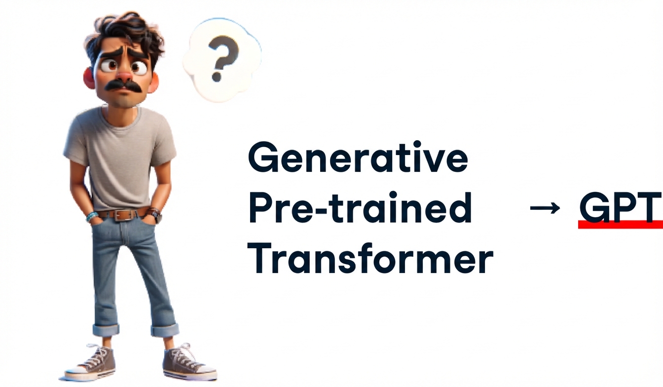 Eine Illustration zeigt einen verwirrten Mann mit einem Fragezeichen über dem Kopf. Rechts davon stehen die Wörter „Generative“, „Pre-trained“ und „Transformer“ und ein Pfeil zeigt auf „GPT“, das fett und unterstrichen ist