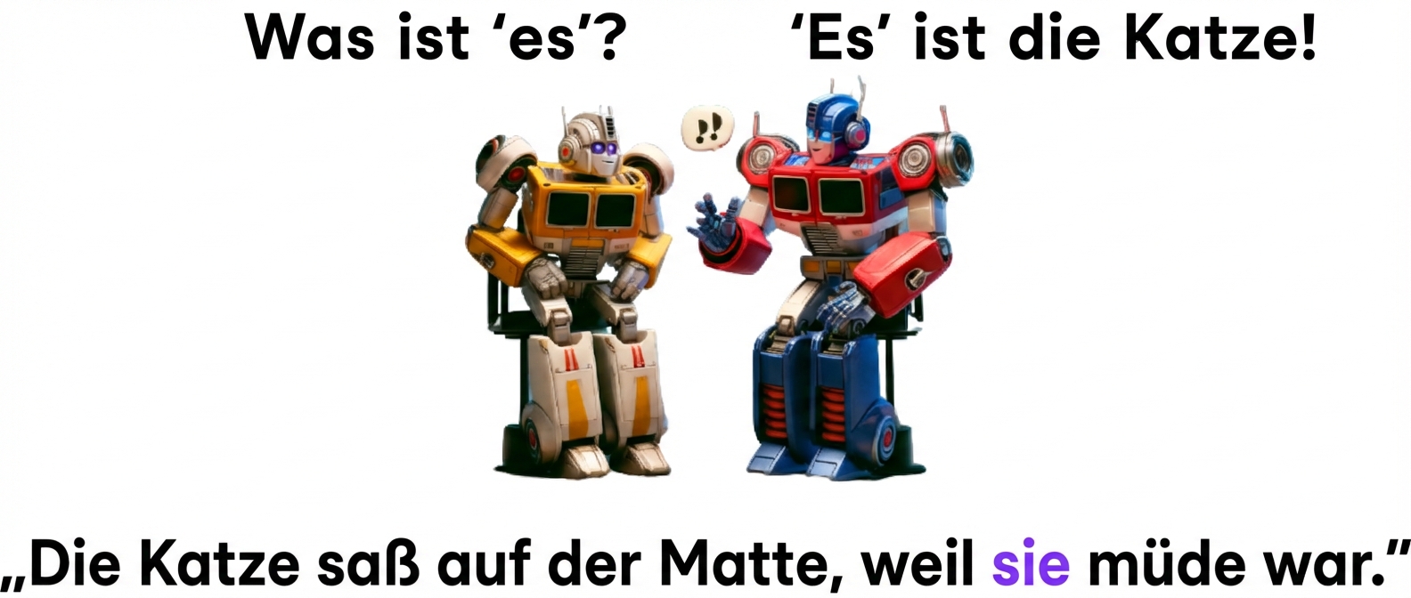 Das Bild zeigt zwei bunte Roboter, die nebeneinander sitzen, wobei der rechte Roboter eine Handbewegung macht, als würde er sprechen.