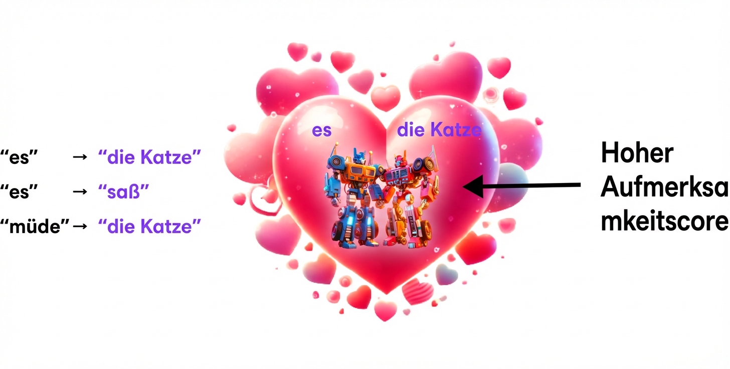 Das Bild zeigt zwei bunte Roboter in einem großen rosa Herz, das von kleineren Herzen umgeben ist. Über dem Roboter links steht „it“ und neben dem Roboter rechts steht „the cat“. Links neben dem Herz sind drei Textbausteine senkrecht angeordnet: „the cat“, „sat“ und „the cat“, alle in blauer Schrift