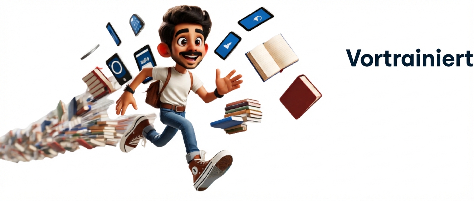 Bild von einem rennenden Mann, mit Büchern und elektronischen Geräten hinter sich, rechts steht „Pre-trained