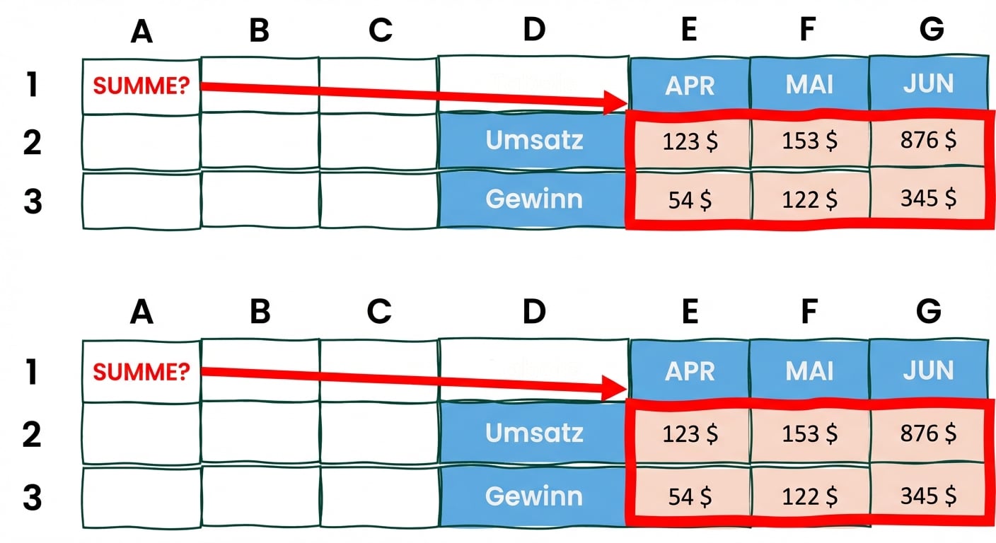 Tabelle mit zwei Zeilen und zwei Spalten zur Veranschaulichung eines summierten Arrays