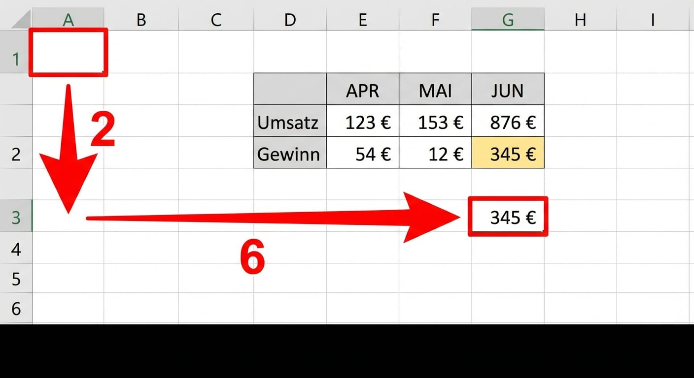 Zellbereich mit Pfeilen nach unten und rechts zur Veranschaulichung von OFFSET in Excel