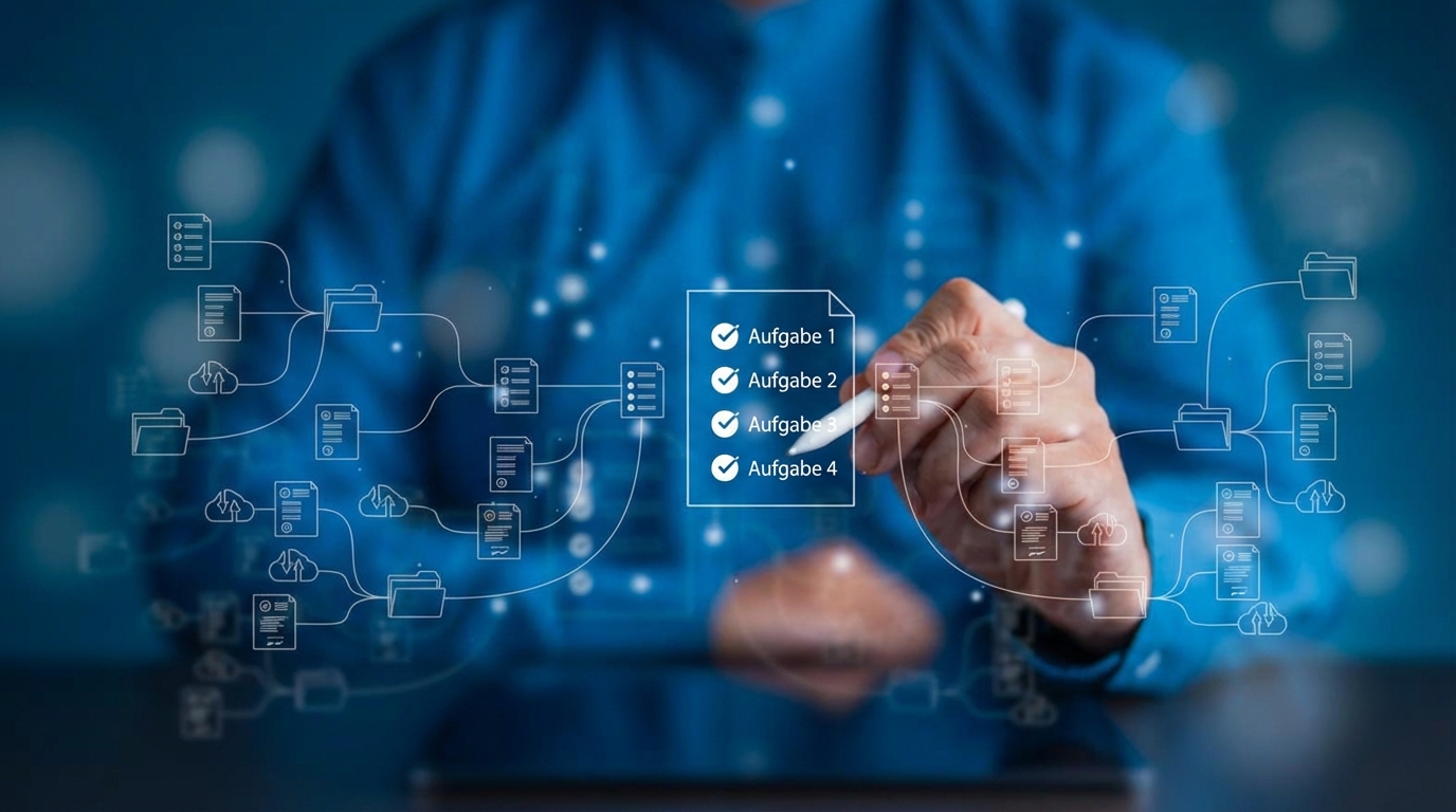 Flussdiagramme und Checklisten, die die Verwaltung von Dateien und Programmen darstellen