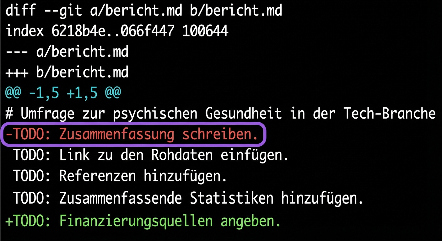 git diff-Ausgabe mit einem Pfeil, der auf die fünfte Zeile der Ausgabe zeigt, die „@@ -1, 5 +1, 5 @@“ enthält und die Start- und Endzeilen der beiden Versionen angibt
