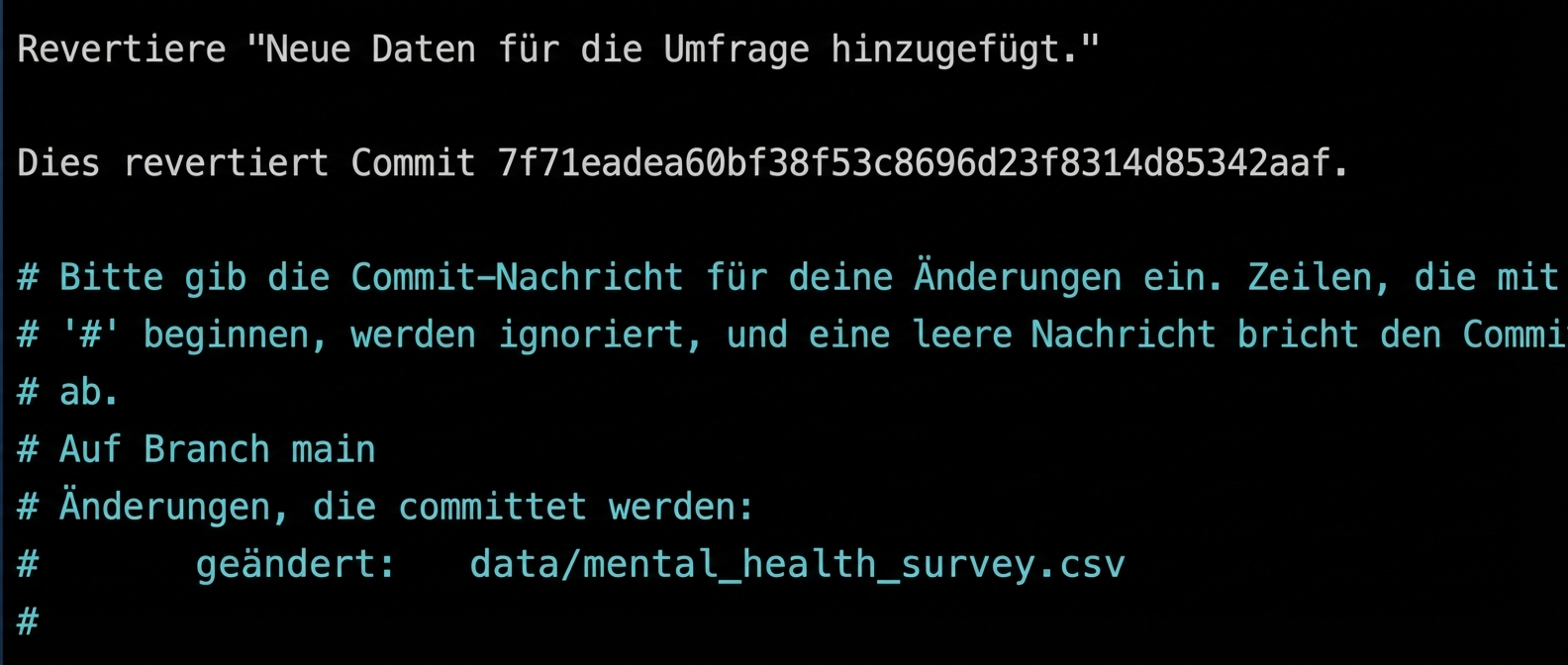 Der Texteditor zeigt, dass der Commit
